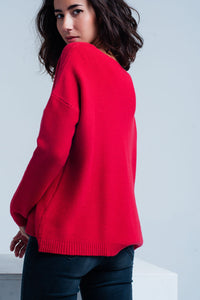 Red soft Knit V-neck Sweater