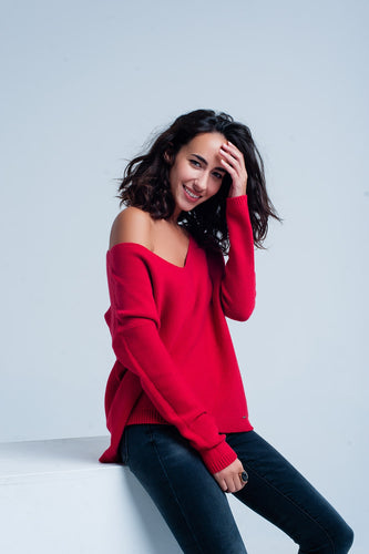 Red soft Knit V-neck Sweater