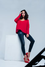 Red soft Knit V-neck Sweater